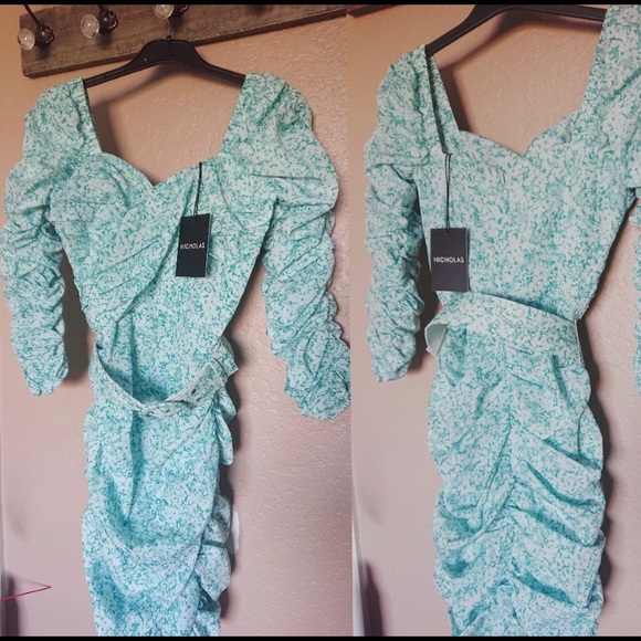NICHOLAS Crossover Gathered Dress Aqua Floral sz 0 - Picture 8 of 11